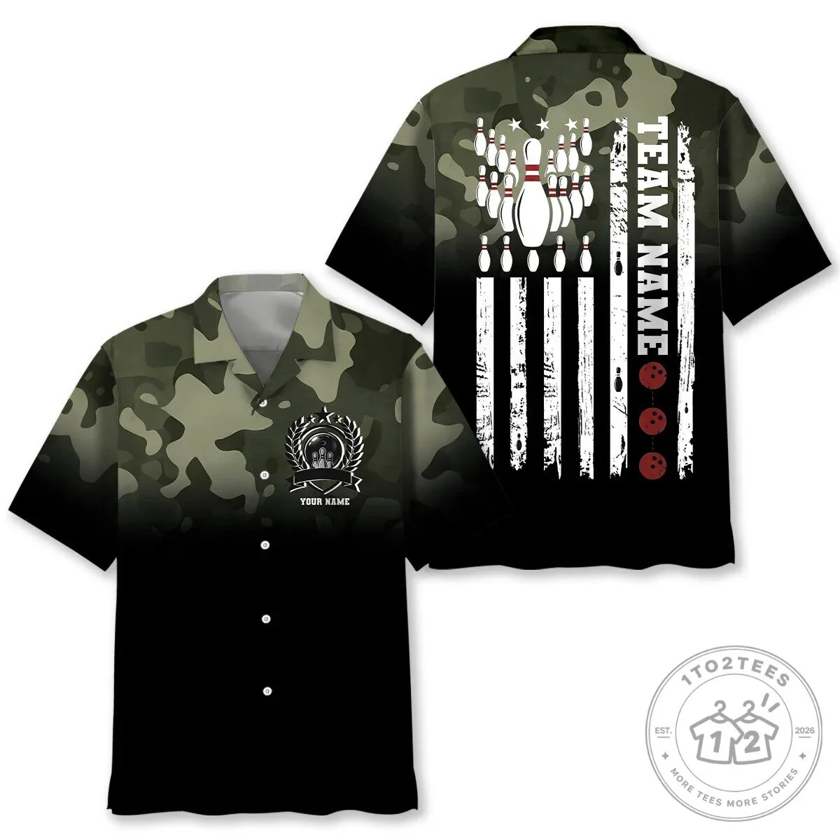 Personalized Bowling Team Camouflage Black Green Hawaiian Shirt