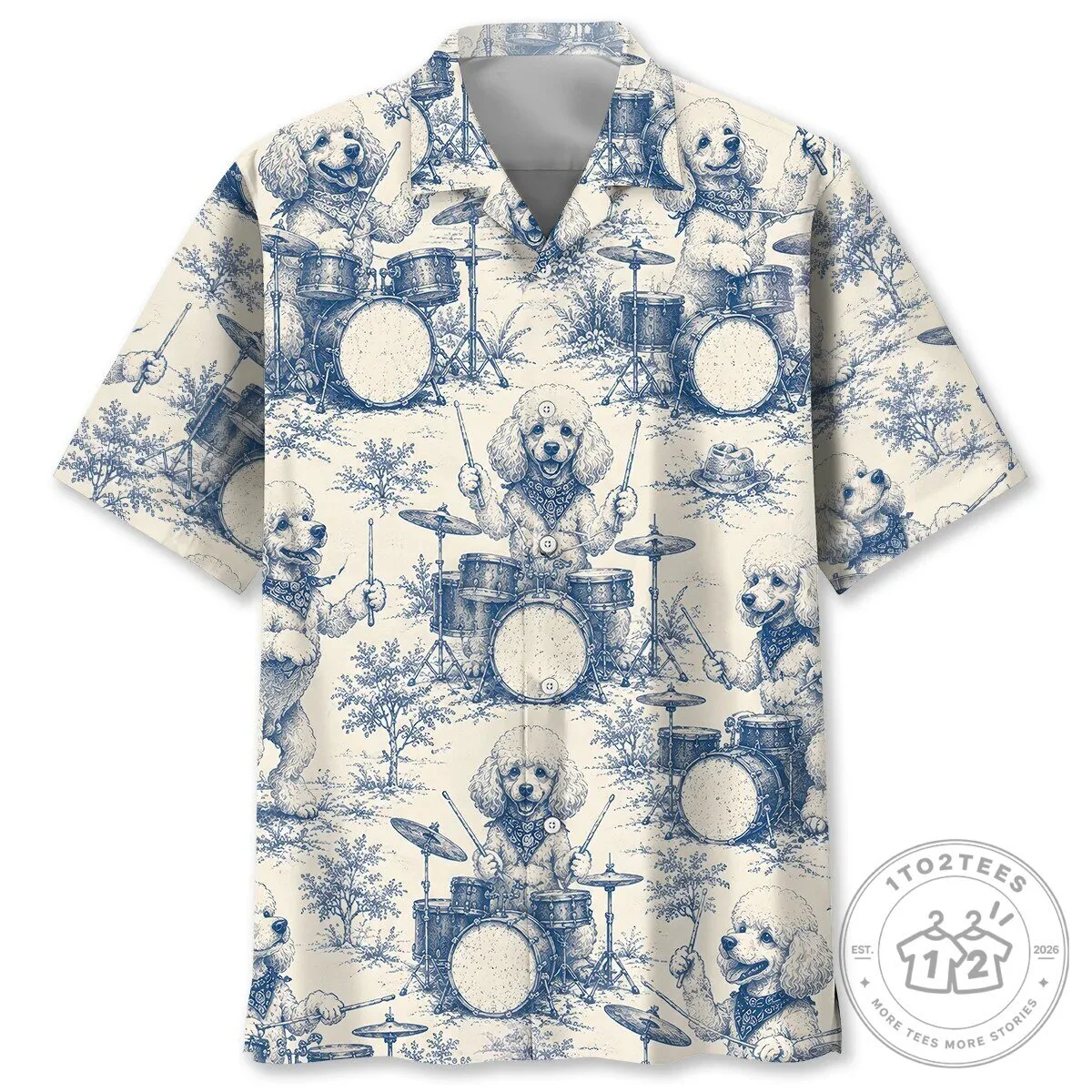 Poodle Playing Drums Toile Pattern Hawaiian Shirt