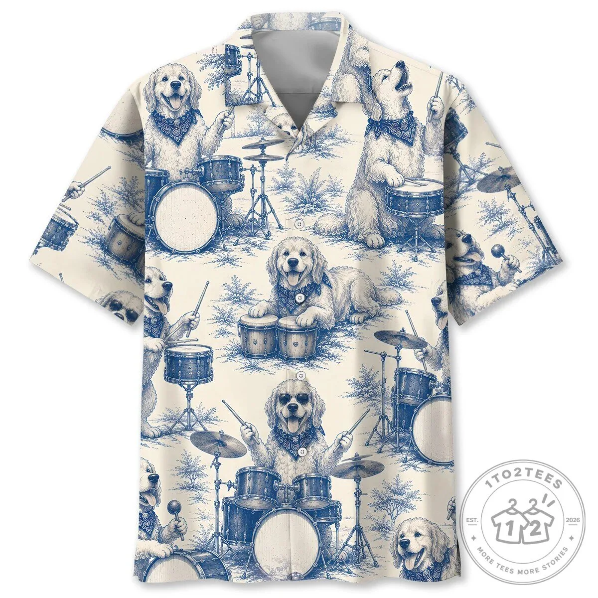 Golden Retriever Dogs Playing Drums Blue Toile Pattern Hawaiian Shirt