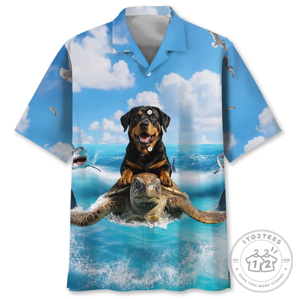 Funny Rottweiler Riding Sea Turtle Ocean Hawaiian Shirt Funny Rottweiler Riding Sea Turtle Ocean Hawaiian Shirt