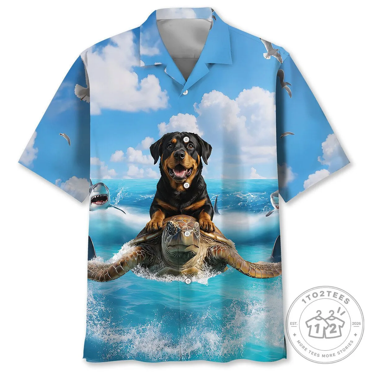 Funny Rottweiler Riding Sea Turtle Ocean Hawaiian Shirt