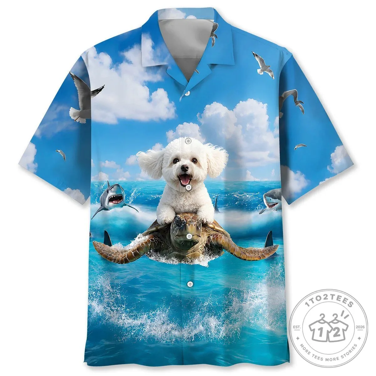 Bichon Frise Dog Riding Sea Turtle Ocean Waves Funny Hawaiian Shirt