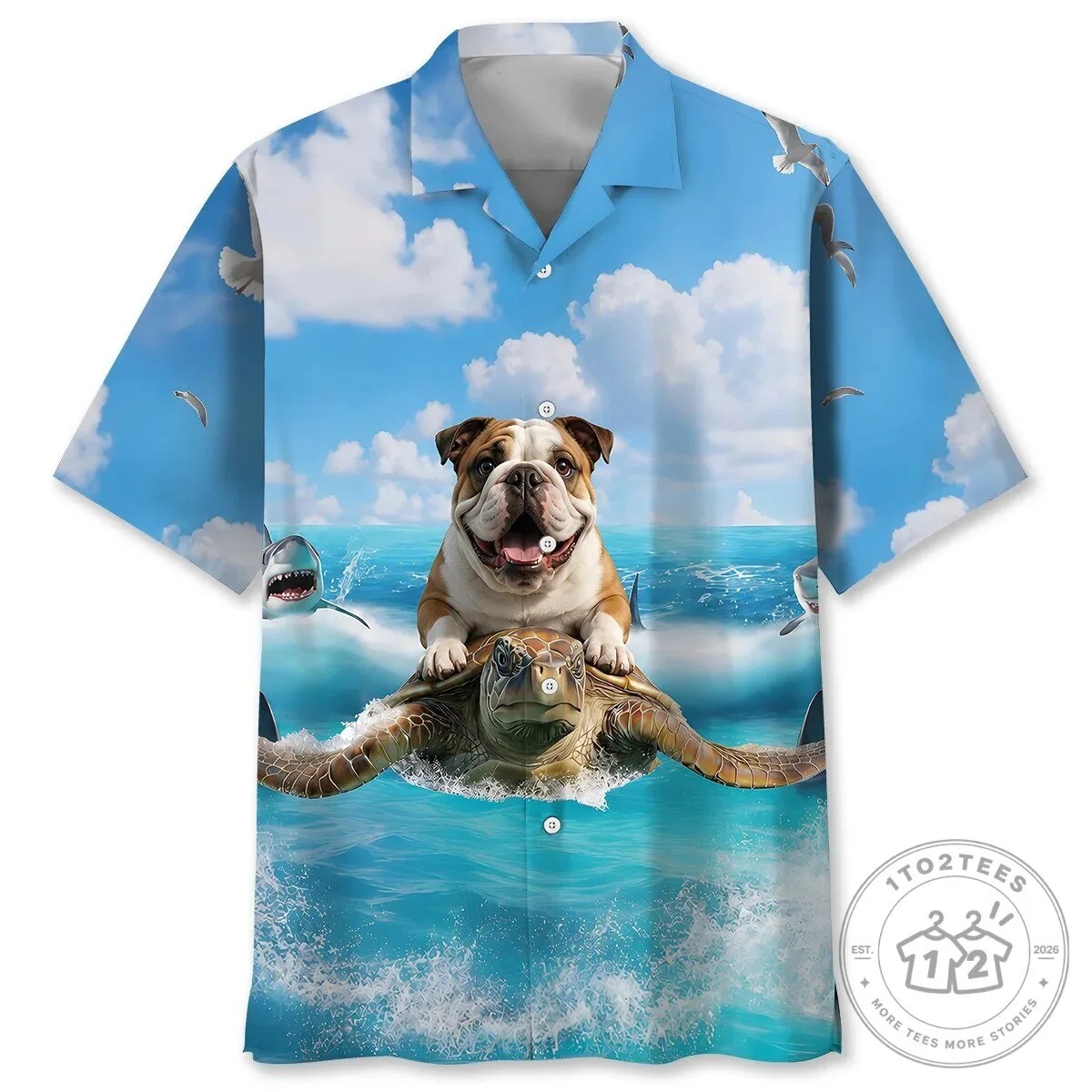 Funny English Bulldog Riding Sea Turtle Ocean Beach Hawaiian Shirt