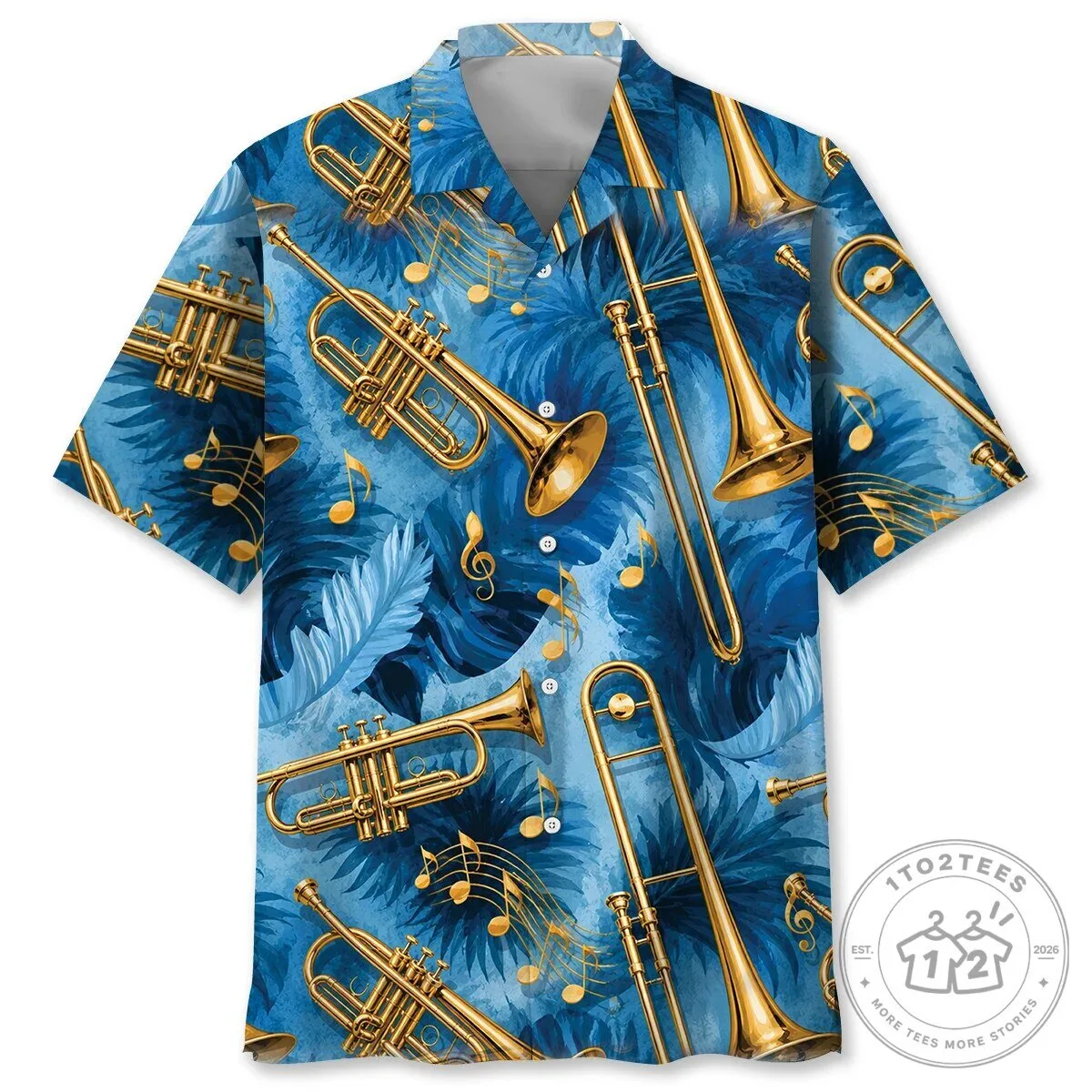 Golden Trumpet and Blue Leaves Musical Instrument Pattern Hawaiian Shirt