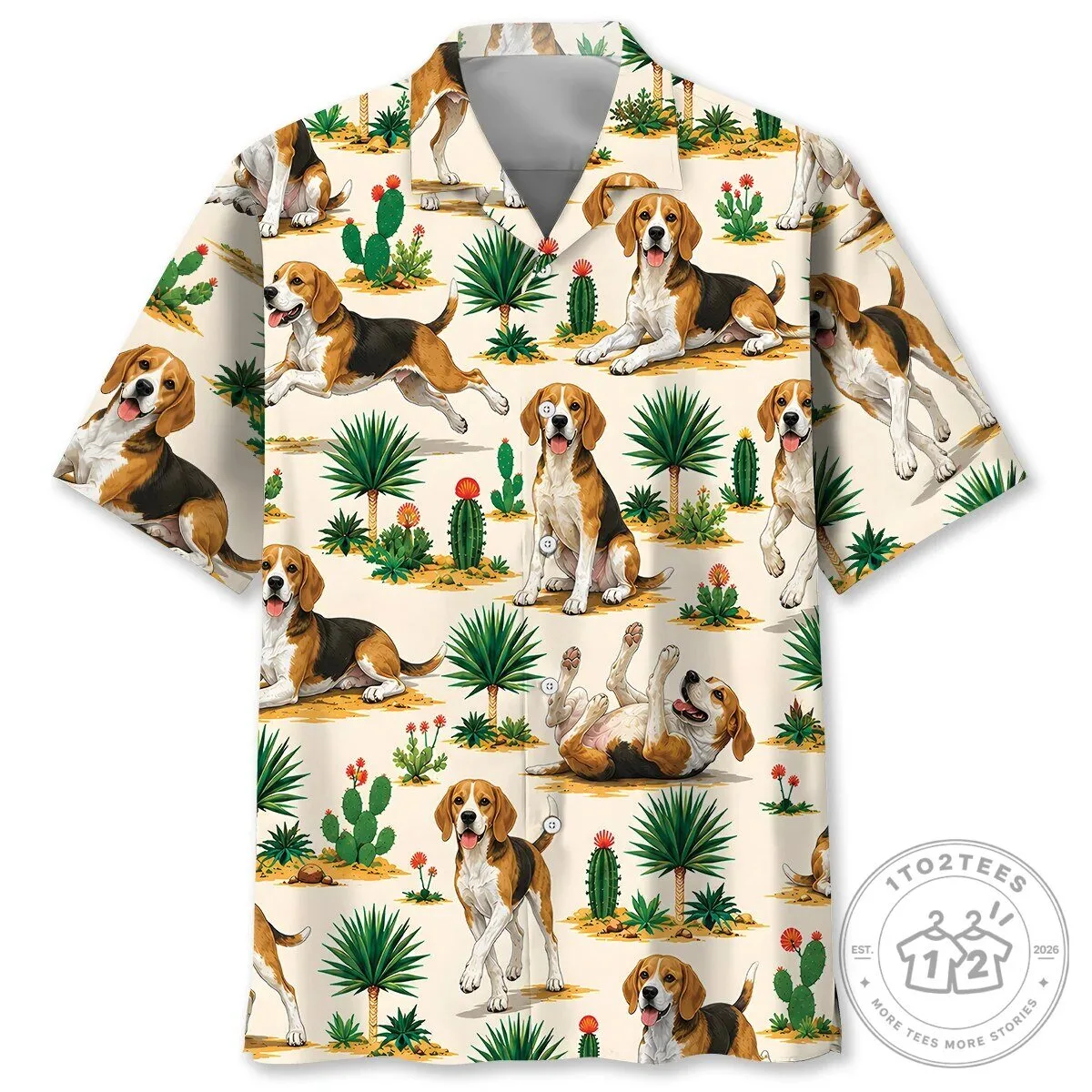 Cute Beagle Dogs Desert Cactus Pattern Hawaiian Shirt for Men and Women