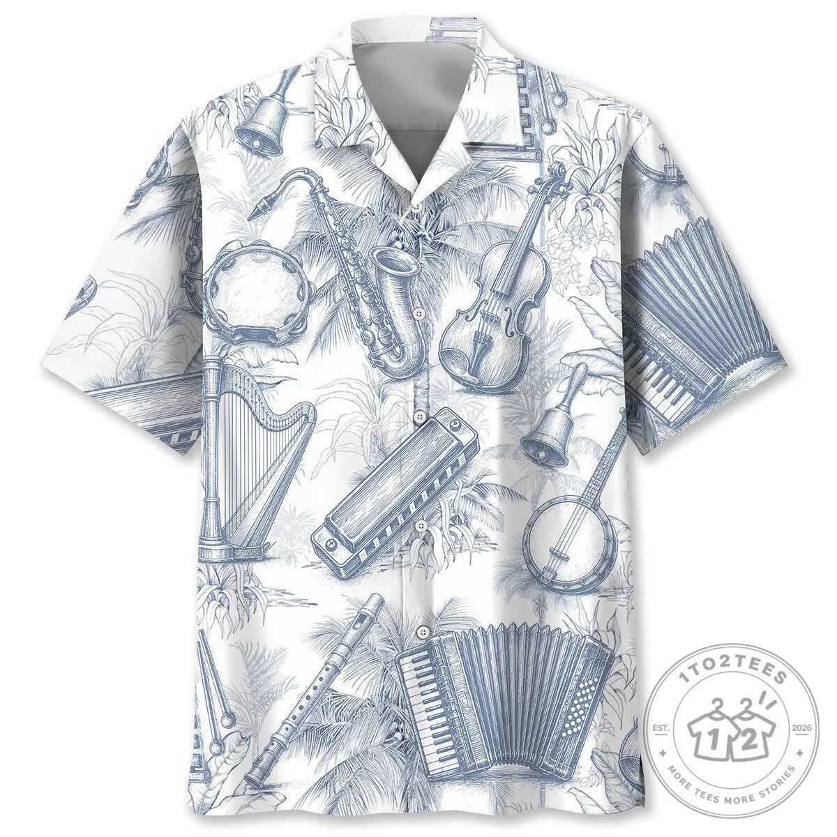 Blue and White Musical Instruments Pattern Tropical Hawaiian Shirt