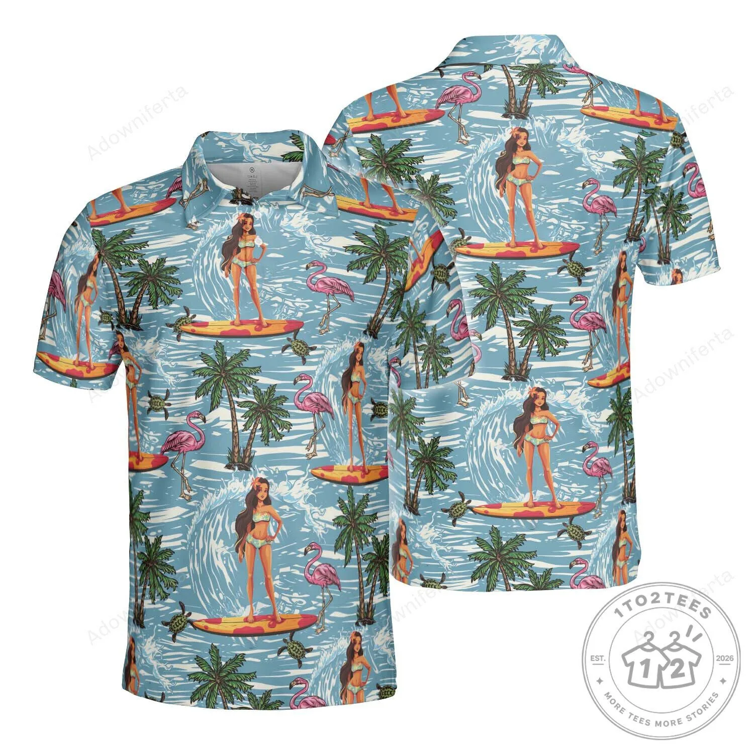 Surfing Hawaiian Girl Beach Scene Tropical Flamingo Sea Turtle Polo Shirt