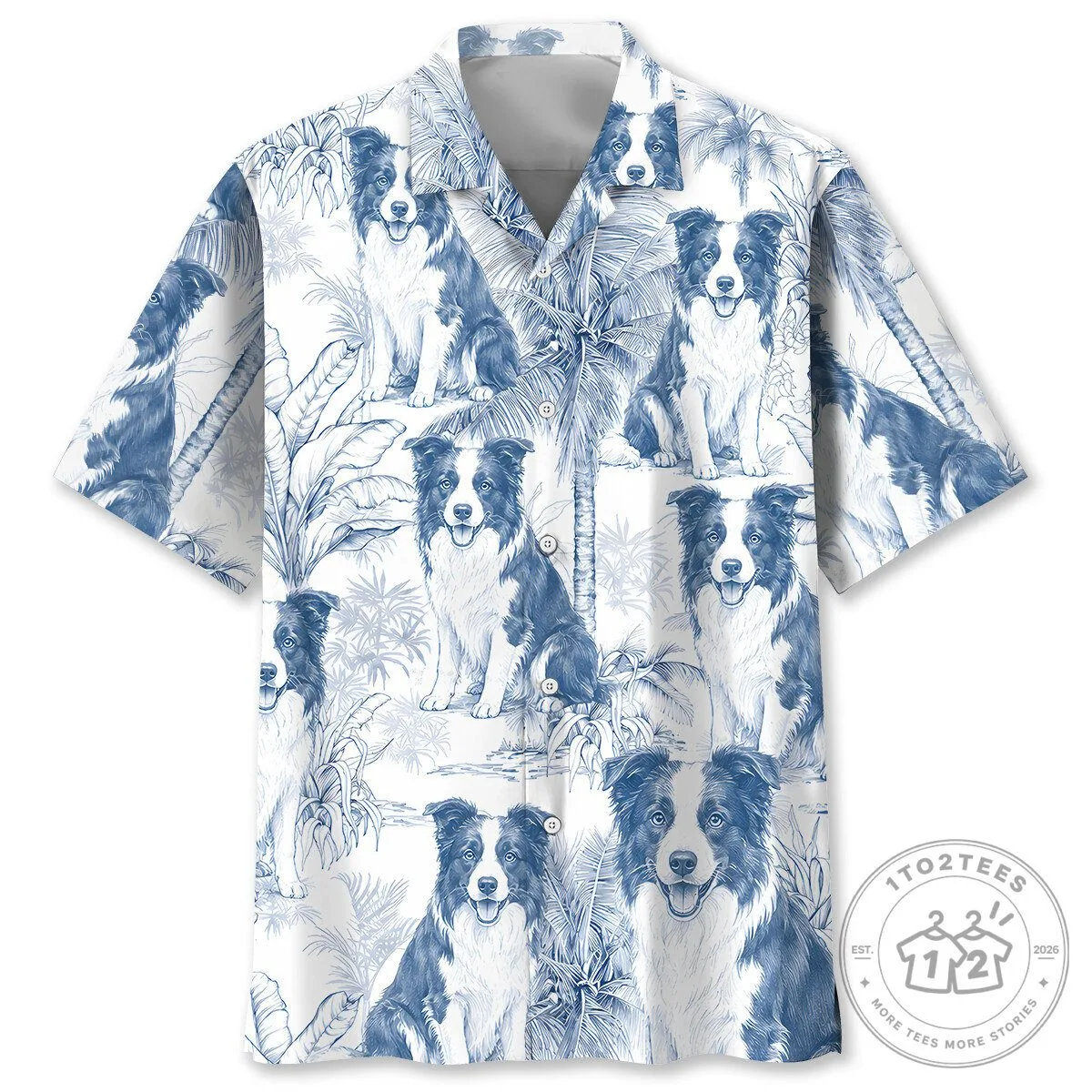 Blue and White Border Collie Dog Pattern Tropical Hawaiian Shirt for Men