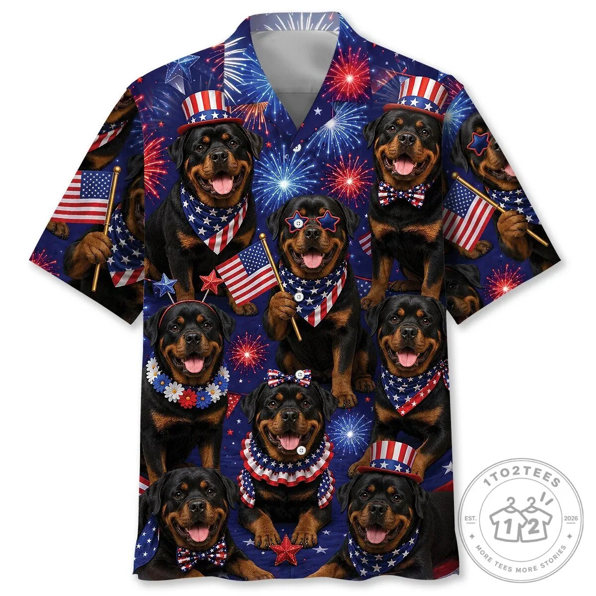 Patriotic Rottweiler Fourth of July Fireworks Hawaiian Shirt