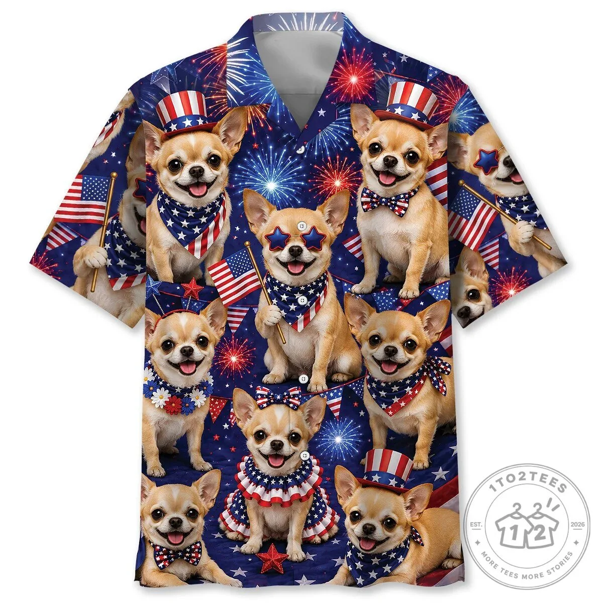 Patriotic Chihuahua Dogs and Fireworks Fourth of July Hawaiian Shirt