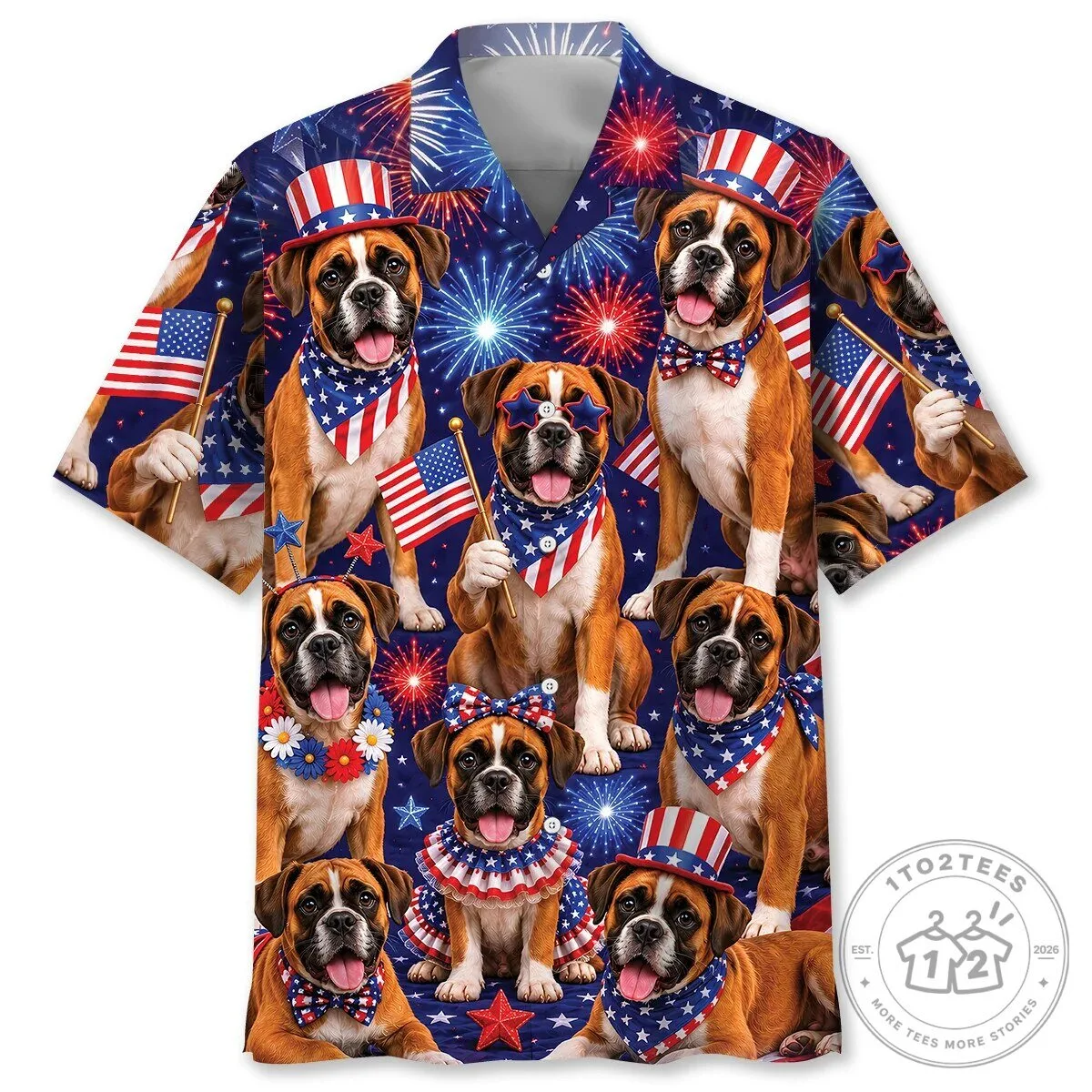 Patriotic Boxer Dog Fourth of July Fireworks Hawaiian Shirt