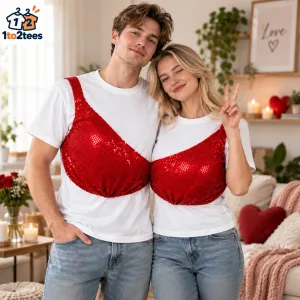 Funny Creative Sequin Bra Couple Matching T-Shirt