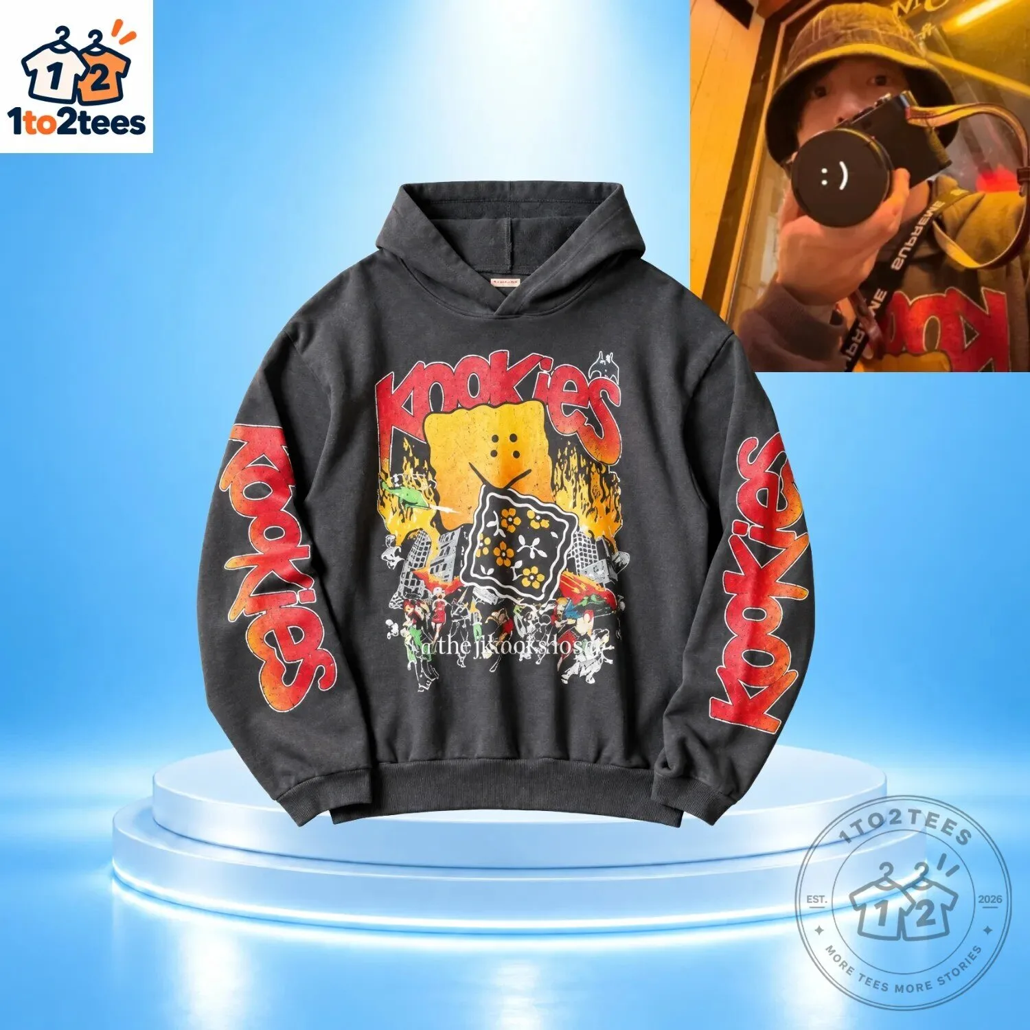 BTS Jungkook Kookies Flame Graphic Charcoal Hoodie