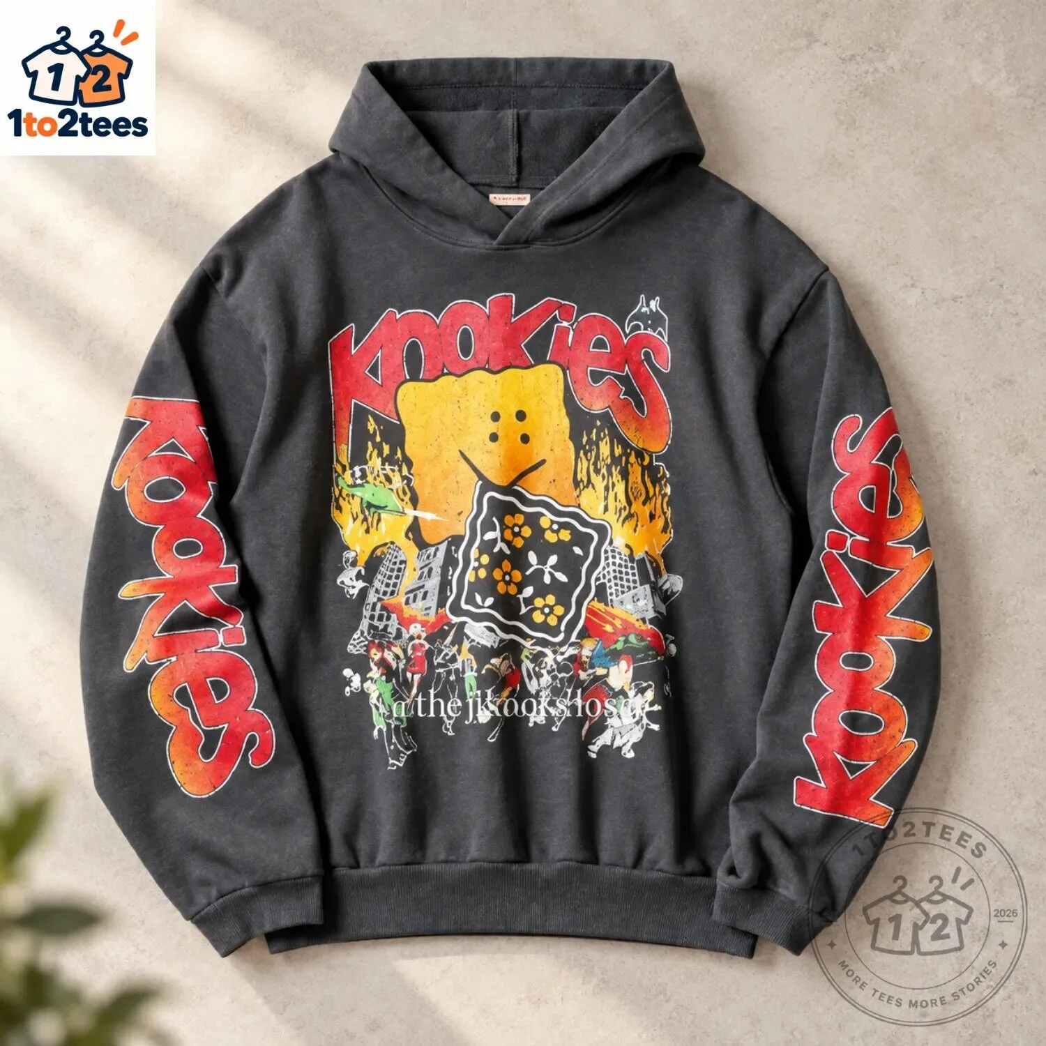 BTS Jungkook Kookies Flame Graphic Charcoal Hoodie