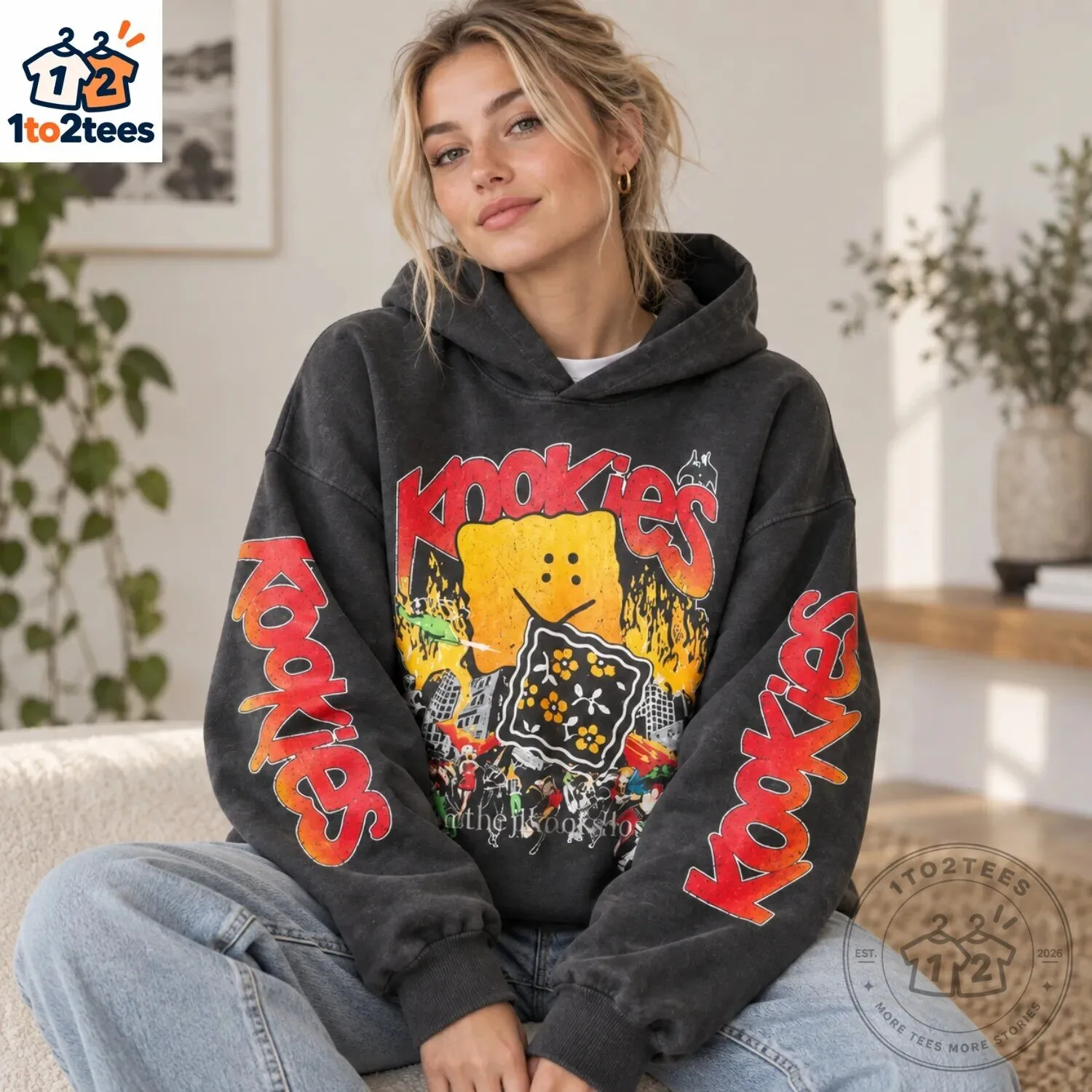 BTS Jungkook Kookies Flame Graphic Charcoal Hoodie